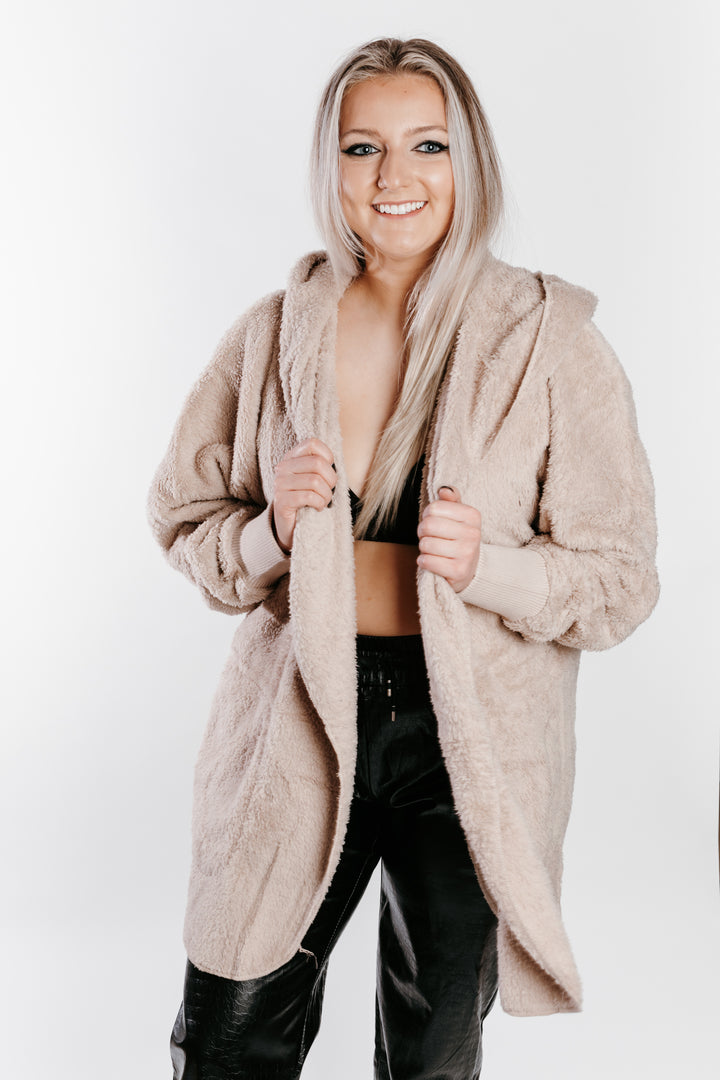 Teddy Hooded Cardigan - Taupe