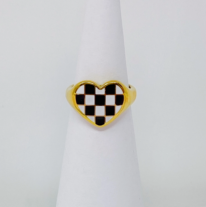 Checkered Heart Signet Ring